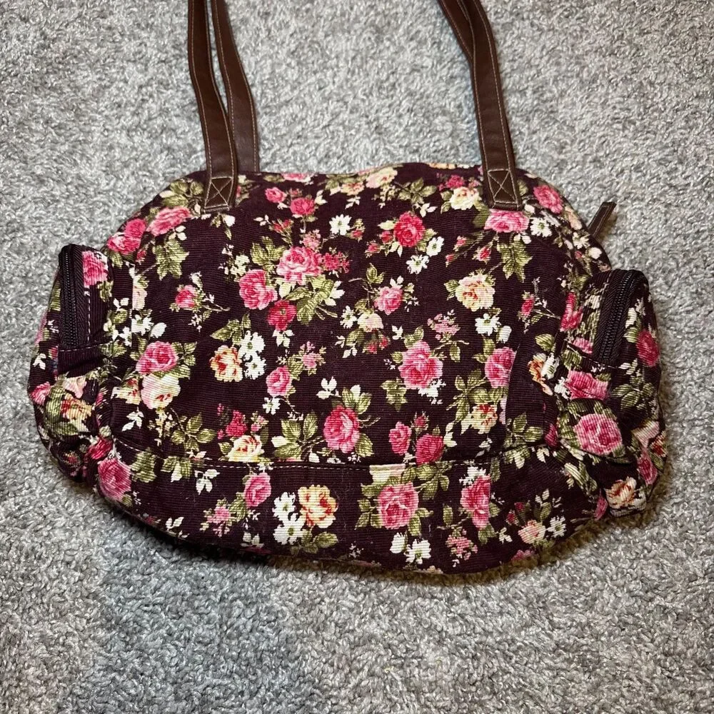 VTG Joe Boxer Shoulder Bag Brown Corduroy Floral Purse Maroon Faux Leather Y2K